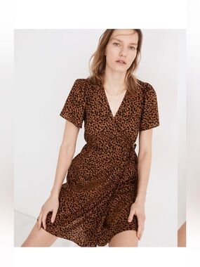 Madewell Flutter-Sleeve Cotton Wrap Mini Dress in Painted Leopard